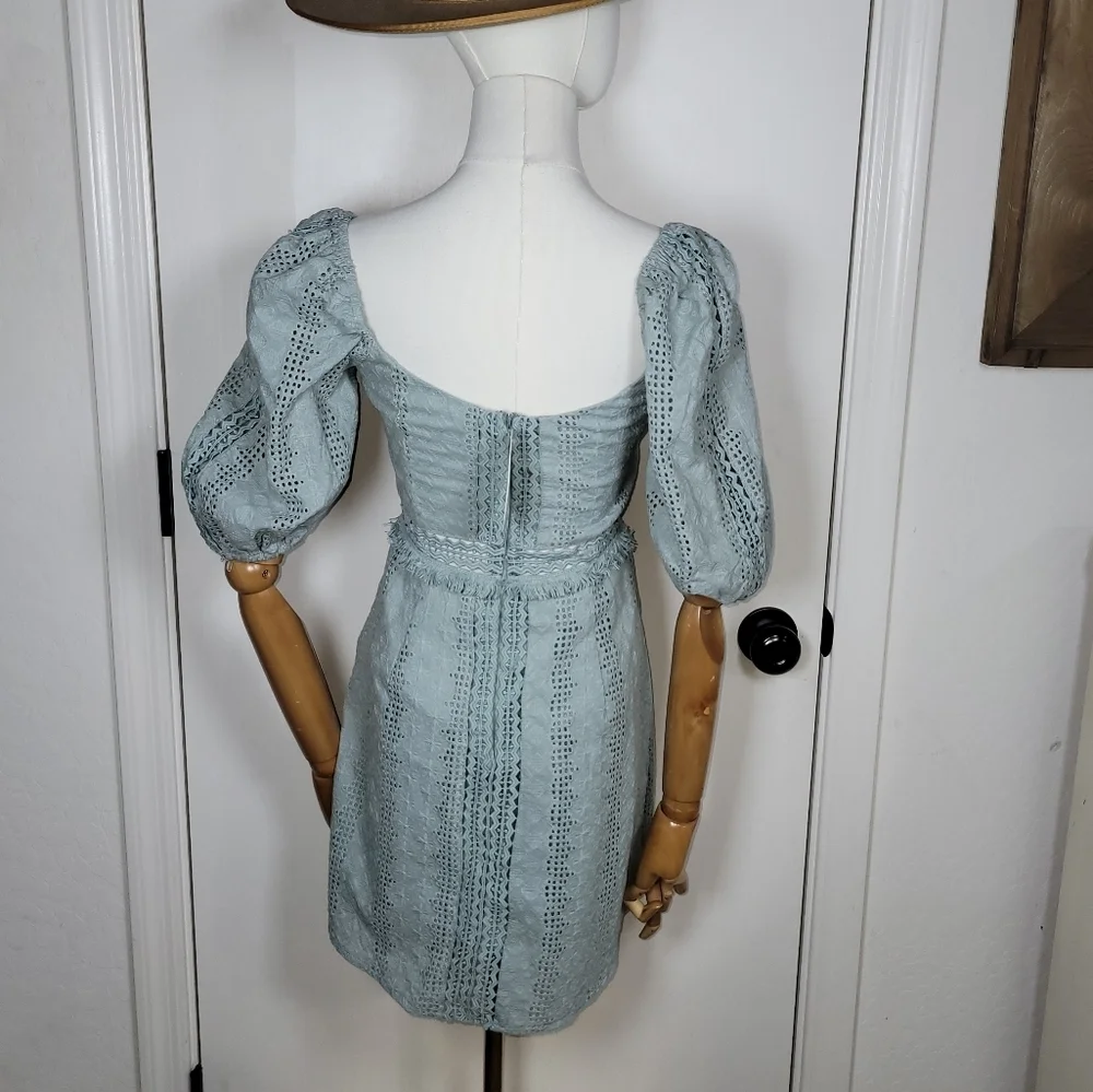 Esther & Co. Saints & Secrets Saige Green Puff Sleeve Eyelet Cotton Dress Size S - Picture 8 of 12